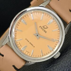 Vintage 1990 Enicar Automatic Mens Silver Watch & Orange accents